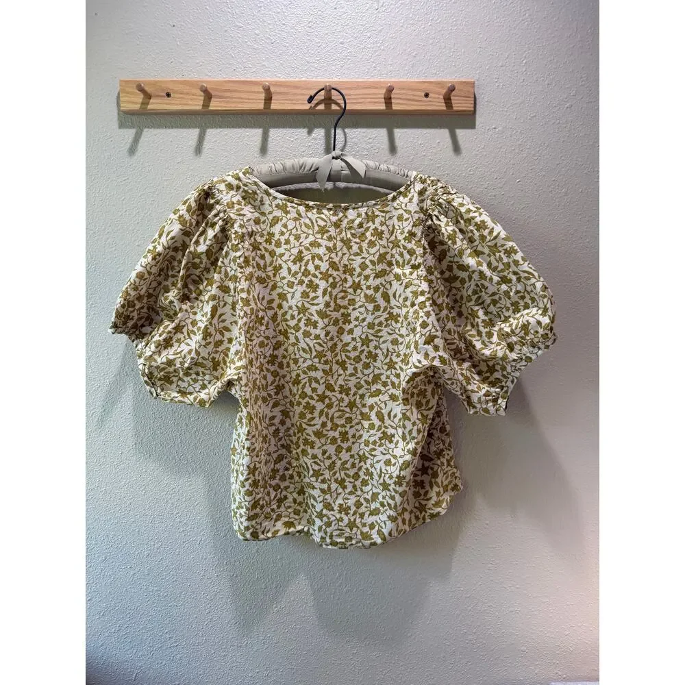 Madewell V Neck Batik Vine Mustard Tan Cotton Boho Prairie Puff Sleeve Size XL